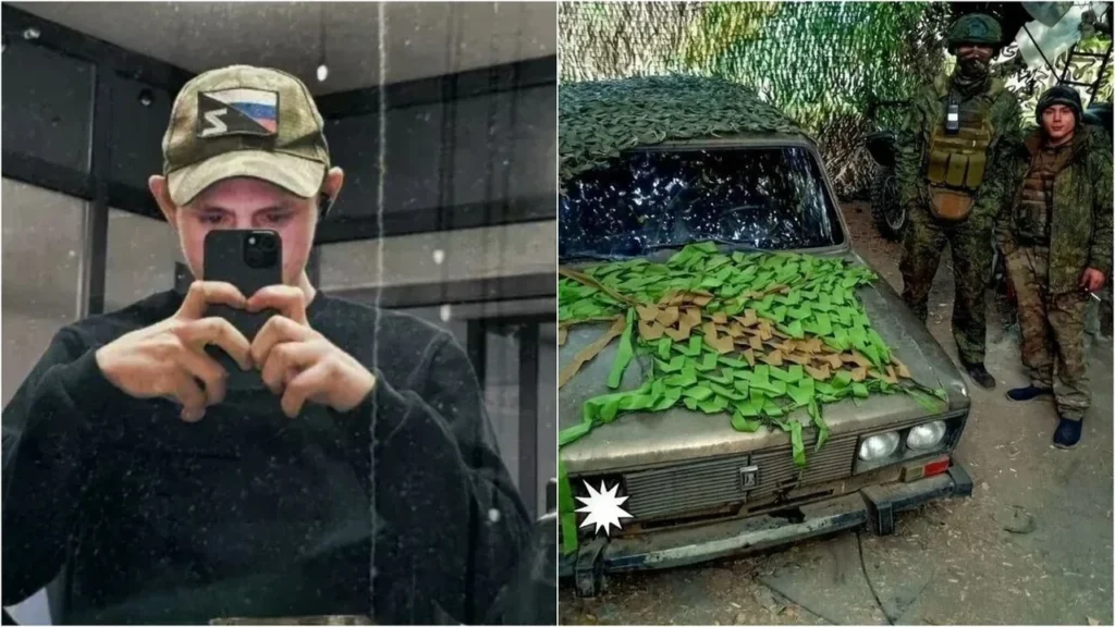 Хлопець у кепці з Z робить селфі; військові біля авто з маскуванням